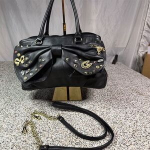 Betsey Johnson Black Bow Satchel Bag with Floral Interior Medium